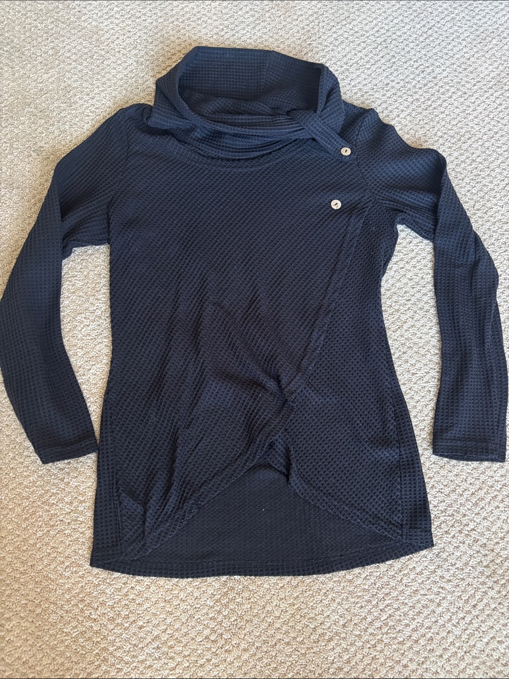 Waffle Knit Black Long Sleeve Cowl Neck Tunic with Button Detail